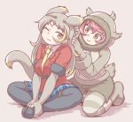  2girls ;) arms_behind_back bangs behind_another blonde_hair brown_eyes cardigan circlet closed_mouth collared_shirt elbow_gloves eyebrows_visible_through_hair feet_together fingerless_gloves full_body gloves grey_hair hands_on_feet highres hood hood_up hooded_cardigan jacket japanese_macaque_(kemono_friends) kemono_friends kneeling legwear_under_shorts long_hair looking_at_another looking_at_viewer miniskirt monkey_tail multicolored_hair multiple_girls necktie okyao one_eye_closed outstretched_arms pantyhose pink_hair plaid plaid_skirt pleated_skirt shirt short_sleeves shorts sitting skirt smile son_goku_(kemono_friends) tail two-tone_hair v_arms wing_collar 