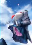  1girl absurdres animahakim artist_name blurry blush boku_no_hero_academia cloud commentary_request depth_of_field frilled_skirt frills from_below hagakure_tooru heart highres invisible lifted_by_self long_sleeves off_shoulder school_uniform skirt sky solo 
