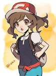  1girl :o backpack bag bangs baseball_cap brown_bag brown_eyes brown_hair commentary_request elaine_(pokemon) eyelashes floating_hair green_shorts hat highres i_g1ax long_hair open_mouth pokemon pokemon_(game) pokemon_lgpe red_headwear shirt short_sleeves shorts solo tongue twitter_username 