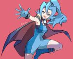  1girl :d bangs blue_eyes blue_footwear blue_hair bodysuit boots breasts cape clair_(pokemon) commentary_request gloves hair_between_eyes highres i_g1ax long_hair open_mouth pink_background pokemon pokemon_(game) pokemon_hgss ponytail smile solo spread_fingers tied_hair tongue twitter_username 