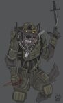  2017 anthro armor belt biped body_armor canid canine canis chain clothed clothing dog_tags fully_clothed grey_background headgear helmet hi_res jewelry knee_pads knife male mammal necklace simple_background smoking solo standing teeth torn_clothing wolf wolfdawg 