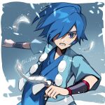  1boy bangs black_wristband blue_eyes blue_hair blue_jacket blue_kimono clenched_hand clenched_teeth commentary_request falkner_(pokemon) feathers hair_over_one_eye i_g1ax jacket japanese_clothes kimono male_focus open_clothes open_jacket outstretched_arm pokemon pokemon_(game) pokemon_hgss short_hair short_sleeves solo teeth twitter_username wristband 