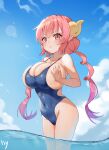  1girl absurdres bare_arms bare_shoulders blue_sky blue_swimsuit breasts cleavage covered_navel day dragon_girl dragon_horns heiyu highres horns huge_breasts ilulu_(maidragon) kobayashi-san_chi_no_maidragon long_hair looking_at_viewer ocean one-piece_swimsuit oppai_loli outdoors pink_hair pointy_ears red_eyes signature sky slit_pupils solo standing summer swimsuit twintails wading wet 