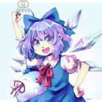  1girl :3 :d arm_up bangs blue_background blue_bow blue_dress blue_eyes blue_hair bow cirno clenched_hands collared_shirt cowboy_shot dress english_commentary eyebrows_visible_through_hair fang gucci hair_bow hand_on_hip ice ice_wings looking_at_viewer open_mouth puffy_short_sleeves puffy_sleeves qixzy red_neckwear shirt short_hair short_sleeves signature simple_background skin_fang smile standing sukusuku_hakutaku touhou v-shaped_eyebrows white_shirt wings 