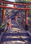  1girl bow broom cat commentary_request dated hair_bow hakurei_reimu highres japanese_clothes making-of_available nontraditional_miko outdoors path photoshop_(medium) pigeon-toed red_bow revision road shrine signature solo stairs standing stone_lantern torii touhou tree xiaobanbei_milk 