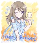  1girl bangs birthday blue_choker blue_dress brown_eyes brown_hair choker closed_mouth commentary cup dress drinking_glass english_text eyebrows_visible_through_hair formal girls_und_panzer happy_birthday heart holding holding_cup kuromori_yako long_hair looking_at_viewer mika_(girls_und_panzer) no_hat no_headwear one_eye_closed shawl smile solo wine_glass 