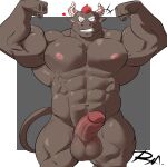  &lt;3 abs anthro balls biceps black_body black_fur blush bovid bovine cattle flexing fur genitals grin gyumao hair hi_res horn lifewonders male mammal muscular muscular_anthro muscular_male navel nipples nude pecs penis reclamon red_hair smile solo tokyo_afterschool_summoners video_games 