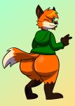  absurd_res anthro big_butt black_nose bottomless brown_ears bubble_butt butt canid canine clothed clothing dipstick_tail fox fur hair hand_sign hi_res hoodie looking_at_viewer looking_back male mammal markings mythabyss orange_body orange_fur simple_background smile solo standing tail_markings topwear zed_(zedfox) 