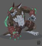  2017 anthro biped canid canine canis claw_marks claws clothing glowing grey_background kneeling league_of_legends male mammal riot_games simple_background solo torn_clothing video_games were werecanid werecanine werewolf wolf wolfdawg 