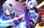  2girls bangs breasts covered_nipples cryska_barchenowa floating_hair fortified_suit from_side hair_behind_ear hair_intakes inia_sestina large_breasts long_hair looking_ahead looking_at_viewer miyata_sou multiple_girls muvluv muvluv_alternative muvluv_total_eclipse official_art official_wallpaper open_hand pilot_suit purple_eyes silver_hair smile 