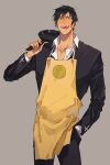  1boy apron bbbb_fex black_jacket black_pants blue_eyes coat cowboy_shot cowboy_western cross dress_shirt frying_pan hand_in_pocket highres jacket looking_at_viewer male_focus nicholas_d._wolfwood open_mouth pants science_fiction shirt short_hair trigun white_shirt 