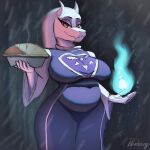  anthro big_breasts bovid breasts caprine chubby_female clothing curvaceous curvy_figure dessert female fire food goat hi_res horn looking_at_viewer mammal monster navel_outline paradoxing pie red_eyes slightly_chubby solo tight_clothing toriel undertale_(series) voluptuous watermark wide_hips 