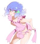  1boy amefuri_(muen_kai) apron ball_bra blue_hair covered_testicles green_eyes hair_bun highres large_testicles magatama magatama_hair_ornament naked_apron original otoko_no_ko short_hair side_bun tamabukuro_yutaka testicles 