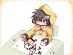  1girl black_hair blush breasts chair cougar_(cougar1404) crayon drawing hood hooded_jacket jacket nari_(cougar1404) original short_hair simple_background sitting solo table yellow_eyes zipper_pull_tab 