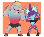  absurd_res bottomwear chibi clothed clothing crop_top cutoffs denim denim_clothing double_v_sign duo eyes_closed footwear fully_clothed gesture gradient_clothing hi_res jax_(mels_monster) low_key_toxtricity machoke male mels_monster_(artist) midriff nintendo owen_(mels_monster) pok&eacute;mon pok&eacute;mon_(species) shirt shoes shorts simple_background smile tank_top tongue tongue_out topwear toxtricity v_sign video_games 