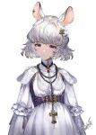  1girl absurdres animal_ears blue_eyes breasts cross cross_earrings cross_necklace dress earrings grey_hair highres hori_airi jewelry latin_cross long_sleeves looking_at_viewer medium_hair mouse mouse_ears mouse_girl necklace original small_breasts solo white_background white_dress 