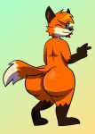  absurd_res anthro big_butt black_nose brown_ears bubble_butt butt canid canine clothing dipstick_tail fox fur hair hand_sign hi_res looking_at_viewer looking_back male mammal markings mythabyss nude orange_body orange_fur simple_background smile solo standing tail_markings topwear zed_(zedfox) 