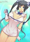  1girl artist_name ass_visible_through_thighs bangs black_hair blue_eyes blunt_bangs bow bowtie breasts commentary_request covered_navel dress dungeon_ni_deai_wo_motomeru_no_wa_machigatteiru_darou_ka eyebrows_visible_through_hair gloves hestia_(danmachi) looking_at_viewer open_mouth patreon_username redjet sleeveless solo teeth tongue twintails watermark 
