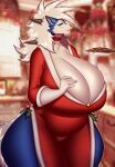  alternate_version_at_source anthro avoid_posting big_breasts breasts canid canine christmas clothing cookie female food hair hi_res holidays huge_breasts lycanroc mammal midnight_lycanroc nintendo overweight pinkkatfox pok&eacute;mon pok&eacute;mon_(species) smile solo video_games white_hair wide_hips 