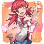  1girl ;d bangs breasts buttons commentary hair_ornament hairclip heart i_g1ax jacket leg_up long_hair one_eye_closed open_mouth pink_eyes pink_hair pokemon pokemon_(game) pokemon_hgss shoes short_shorts short_sleeves shorts smile socks solo teeth tongue twintails upper_teeth white_jacket whitney_(pokemon) 