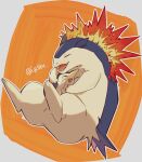  border closed_eyes commentary_request cyndaquil fangs fire i_g1ax no_humans open_mouth orange_background outline pokemon pokemon_(creature) tongue twitter_username typhlosion white_border 