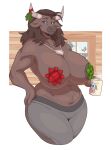  absurd_res anthro big_breasts bottomwear bovid bovine breasts clothed clothing collar container cup female hand_on_hip hi_res holding_cup holding_object horn horn_jewelry horn_ring mammal mistletoe nihea_avarta pants partially_clothed plant ring_(jewelry) slightlysimian solo topless wide_hips window 