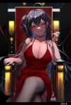  1girl 4w4 ahoge artist_name azur_lane bangs bare_arms bare_shoulders black_hair blush breasts choker chromatic_aberration cleavage commentary crossed_bangs crossed_legs dress evening_gown garter_straps hair_between_eyes head_tilt highres large_breasts lipstick long_hair looking_at_viewer makeup narrowed_eyes one_side_up open_mouth red_choker red_dress red_eyes shaded_face sitting sleeveless sleeveless_dress smile solo spaghetti_strap taihou_(azur_lane) taihou_(forbidden_feast)_(azur_lane) thighhighs throne very_long_hair 