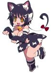  1girl :d absurdres animal_ears bell black_dress black_hair blush_stickers bow breasts cat_ears cleavage dress fang full_body hair_bow highres jingle_bell long_hair looking_at_viewer medium_breasts navel neck_bell original paw_pose red_bow signature simple_background skin_fang smile solo standing standing_on_one_leg white_background yellow_eyes zankuro 
