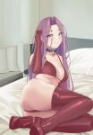  1girl absurdres ass bangs bare_shoulders bell bikini blush boots breasts choker cleavage collarbone elbow_gloves fate/stay_night fate_(series) forehead gloves high_heel_boots high_heels highres large_breasts long_hair looking_at_viewer medusa_(fate) medusa_(rider)_(fate) neck_bell on_bed parted_bangs pillow purple_eyes purple_hair quatthro red_bikini red_footwear red_gloves sidelocks smile solo swimsuit very_long_hair 