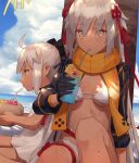  2girls ahoge bangs beach bikini black_bow black_jacket blue_sky bow breasts coconut cropped_jacket cup dark-skinned_female dark_skin dress drinking drinking_straw fate/grand_order fate_(series) fruit_cup grey_eyes hair_bow jacket long_hair long_sleeves looking_at_viewer medium_breasts multiple_girls ocean okita_souji_(alter_swimsuit_saber)_(fate) okita_souji_(fate) orange_scarf palm_tree ponytail scarf shore shrug_(clothing) sitting sky swimsuit tassel tesin_(7aehyun) tree very_long_hair white_bikini white_dress white_hair 