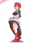  1girl azure_striker_gunvolt azure_striker_gunvolt_2 boots breasts cougar_(cougar1404) eyebrows_visible_through_hair full_body green_neckwear hair_between_eyes large_breasts looking_at_viewer looking_down maid nowa_(gunvolt) open_mouth red_eyes red_hair short_hair solo 