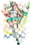  1girl :d absurdres breasts brown_hair checkered_background crown eyebrows_visible_through_hair full_body green_ribbon green_skirt highres holding holding_scepter long_hair looking_at_viewer love_live! love_live!_school_idol_project medium_breasts midriff minami_kotori nakano_maru navel ribbon round_teeth scepter side_ponytail skirt smile solo standing standing_on_one_leg striped striped_legwear teeth thighhighs thighs twitter_username upper_teeth vertical-striped_legwear vertical_stripes white_legwear yellow_eyes zettai_ryouiki 