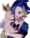  1boy ;d adaman_(pokemon) arm_wrap black_shirt blue_coat blue_hair brown_eyes coat collar collarbone dzuke_(zkchan_0) earrings green_hair highres holding holding_pokemon jewelry leafeon long_hair male_focus multicolored_hair one_eye_closed open_clothes open_coat open_mouth pokemon pokemon_(creature) pokemon_(game) pokemon_legends:_arceus shirt short_sleeves smile tongue twitter_username upper_body white_background 