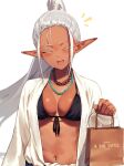  1girl :d bag bikini bikini_under_clothes black_bikini blush breasts breasts_apart casual closed_eyes commentary_request contemporary dark-skinned_female dark_elf dark_skin elf eyelashes front-tie_bikini front-tie_top head_tilt highres holding holding_bag jewelry kinta_(distortion) long_hair long_sleeves looking_at_viewer medium_breasts navel necklace open_clothes open_shirt original pointy_ears ponytail shirt shopping_bag sidelocks silver_hair smile solo swimsuit upper_body white_background white_shirt 