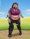 breasts clothing cloud collar common_hippopotamus day female footwear grass grey_body hi_res hippopotamid human human_to_anthro mammal miltonholmes navel open_mouth outside overweight overweight_female plant shoes solo species_transformation standing surprise torn_clothing transformation 