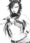  1girl absurdres air_shakur_(umamusume) animal_ears armpits bangs bare_shoulders black_hair breasts chain clothes_lift collar collarbone commentary_request cowboy_shot ear_ornament eyebrow_piercing greyscale hair_between_eyes hand_on_hip highres horse_ears horse_girl jewelry lifted_by_self long_hair looking_at_viewer monochrome multiple_rings navel o-ring_belt open_mouth piercing rihua_(shichangcwy) ring sailor_collar sharp_teeth shirt shirt_lift short_shorts shorts shoulder_tattoo sidelocks simple_background sleeveless sleeveless_shirt small_breasts solo standing stomach studded_bracelet tattoo teeth umamusume underboob white_background 