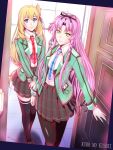  2girls agnes_claudel bangs blonde_hair blue_eyes bow door eiyuu_densetsu hair_bow hair_ribbon highres indoors jacket kuro_no_kiseki long_hair looking_at_viewer multiple_girls necktie open_door purple_hair renne_(eiyuu_densetsu) ribbon school_uniform side_bun skirt smile thighhighs uniform xiacheng_tatsuya yellow_eyes 