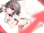  1girl ari_don bare_arms bare_legs bare_shoulders barefoot bikini black_hair blush bracelet breasts cleavage closed_mouth collarbone eyebrows_visible_through_hair fangs hair_between_eyes horns jewelry kijin_seija large_breasts multicolored_hair red_eyes red_hair short_hair solo streaked_hair swimsuit touhou white_bikini zoom_layer 