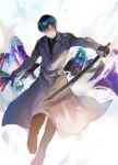  1boy bangs belt black_background black_gloves black_pants black_shirt brown_belt brown_coat coat foot_up gloves grey_background highres holding holding_sword holding_weapon kyuuba_melo long_sleeves mole mole_under_eye multicolored_background pants shirt short_hair solo sword tokyo_ghoul tokyo_ghoul:re urie_kuki weapon white_background 