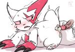  anthro blush bodily_fluids claws cum disembodied_penis duo erection female fur genital_fluids genitals lying male male/female negoya nintendo on_side penis pok&eacute;mon pok&eacute;mon_(species) simple_background video_games white_body white_fur zangoose 