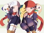  akari_(pokemon) black_hair black_undershirt brown_footwear closed_mouth commentary_request cyndaquil grey_eyes grey_jacket grin hat head_scarf highres index_finger_raised jacket loose_socks on_shoulder one_eye_closed oshawott pants pokemon pokemon_(creature) pokemon_(game) pokemon_legends:_arceus pokemon_on_shoulder red_headwear red_scarf rei_(pokemon) rowlet scarf shoes short_hair sidelocks smile starter_pokemon_trio teeth umekobushi undershirt white_headwear white_legwear 