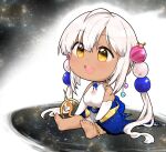  1girl ahoge anklet barefoot breasts chibi dark-skinned_female dark_skin dress elbow_gloves gloves highres hololive hololive_english jewelry kaho_(amal135) large_breasts long_hair sitting space tsukumo_sana twintails virtual_youtuber white_hair yatagarasu_(tsukumo_sana) yellow_eyes 