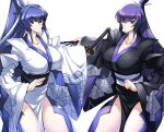  2girls absurdres black_kimono breasts cleavage clenched_hand haganef hair_intakes hair_ribbon hand_fan highres holding holding_fan holding_sword holding_weapon japanese_clothes katana kimono koubuin_yuuhi large_breasts long_hair looking_at_viewer mitsurugi_meiya multiple_girls muvluv obi pelvic_curtain ponytail purple_hair ribbon sash siblings sisters sleeves_past_wrists smile sword twins very_long_hair weapon white_kimono white_ribbon 