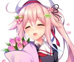  :d ahoge beret black_ribbon black_shirt blue_hair bouquet close-up closed_eyes eyebrows_visible_through_hair flower hair_flower hair_ornament hair_ribbon harusame_(kancolle) hat holding holding_flower kantai_collection long_hair multicolored_hair neckerchief petals pink_hair red_neckerchief ribbon ringo_sui sailor_collar school_uniform serafuku shirt side_ponytail smile upper_body white_background white_headwear white_sailor_collar 