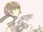  1girl bob_cut brown_hair catcar0983 cellphone charging_device cyborg fingernails headgear hugging_own_legs knees_up long_fingernails looking_at_hand mecha_musume mechanical_arms mechanical_parts nail_polish_bottle original phone sailor_collar short_hair sketch smartphone solo 