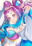  1girl absurdres arms_up blue_eyes blue_hair breasts choker cleavage crop_top cure_la_mer earrings gradient_hair hair_ornament highres jewelry long_hair long_sleeves medium_breasts multicolored_eyes multicolored_hair parted_lips precure purple_eyes purple_hair solo tied_hair tropical-rouge!_precure tying_hair upper_body very_long_hair white_choker yuutarou_(fukiiincho) 