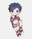  1boy bandaid bandaid_on_knee bangs black_hair blush blush_stickers commentary_request eating ethan_(pokemon) eyebrows_visible_through_hair food full_body grey_background hand_up highres holding holding_food jacket long_sleeves looking_at_viewer male_focus onigiri pokemon pokemon_(game) pokemon_gsc red_jacket red_legwear shoes short_hair shorts socks solo umekobushi yellow_shorts 