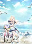  1girl absurdres ahoge animal bangs bare_shoulders beach bicycle bicycle_basket bird blonde_hair blue_bow blue_choker blue_dress blue_eyes blue_flower blue_rose blue_sky bow choker closed_mouth cloud commission danby_merong day dress eyebrows_visible_through_hair flower gradient_hair ground_vehicle hair_between_eyes hair_bow hand_up highres horizon long_hair multicolored_hair ocean off-shoulder_dress off_shoulder original outdoors pink_flower rose sand seagull shoes sky smile solo twintails very_long_hair water white_flower white_footwear yellow_flower 