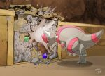  bent_over cave_interior closed_mouth commentary_request crystal glassy0302 headbutt highres leg_up no_humans outline pink_eyes pokemon pokemon_(creature) rampardos signature solo standing standing_on_one_leg 