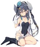  1girl aqua_headwear arm_up bangs black_swimsuit breasts brown_eyes candy choker collarbone competition_swimsuit covered_navel earbuds earphones elbow_gloves food garrison_cap garter_straps gloves grey_hair hair_between_eyes hair_ornament hair_ribbon hat headgear highleg highleg_swimsuit holding holding_food kantai_collection leg_armor lollipop looking_at_viewer odawara_hakone one-piece_swimsuit open_mouth ribbon scamp_(kancolle) short_shorts shorts side_ponytail sitting small_breasts star_(symbol) star_hair_ornament swimsuit thigh_strap white_gloves 